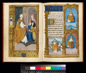Ms 159, fol 2v und 3r Bretagne-i Anna St Claude-nak bemutatva, a „The Primer of Claude of France”-ból (tinta és aranyfesték pergamenen)